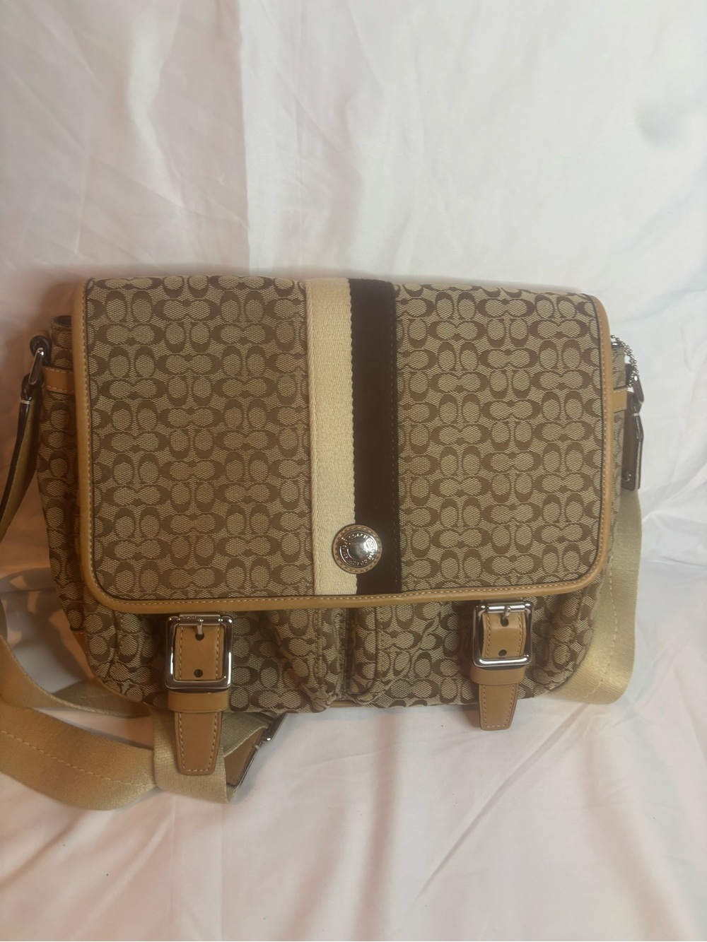 Coach Beige and Dark Brown Signature Messenger Bag with Stripe